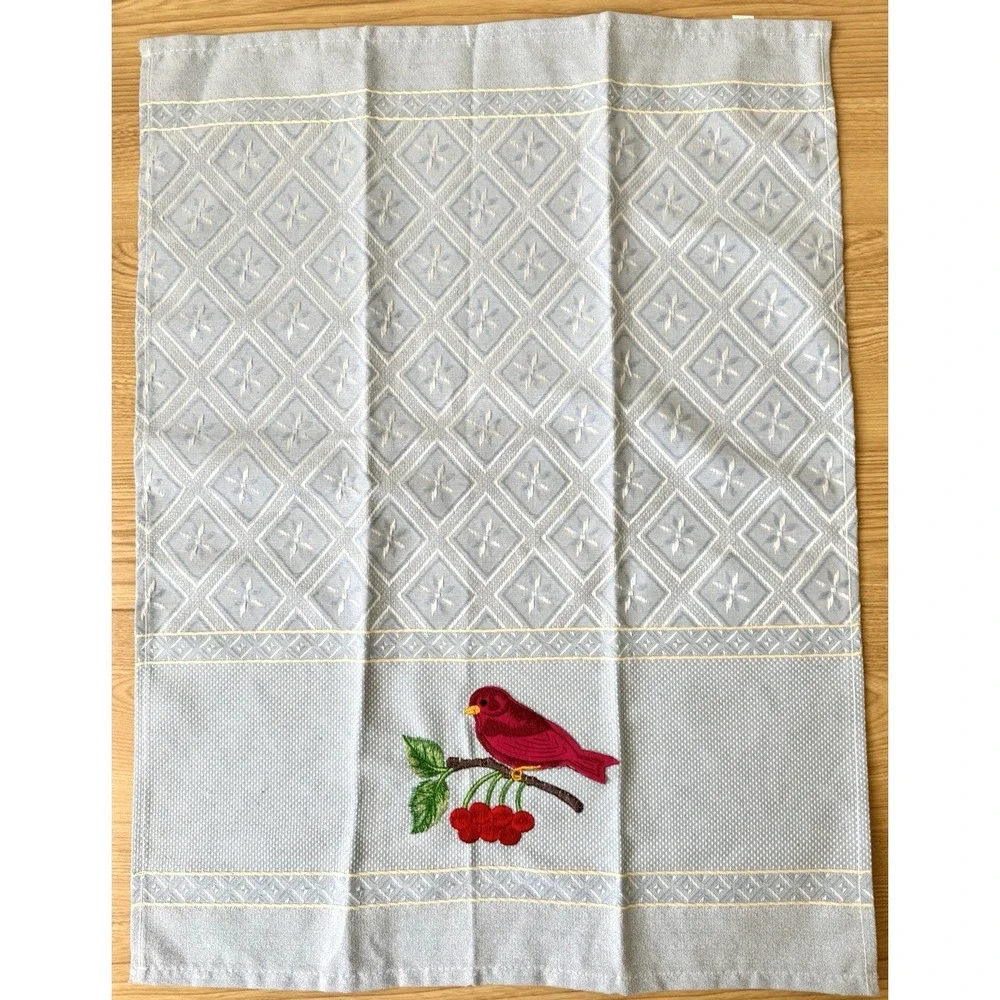Embroidered Bird Cherry Guest Towels Set 3 Made Portugal Cotton